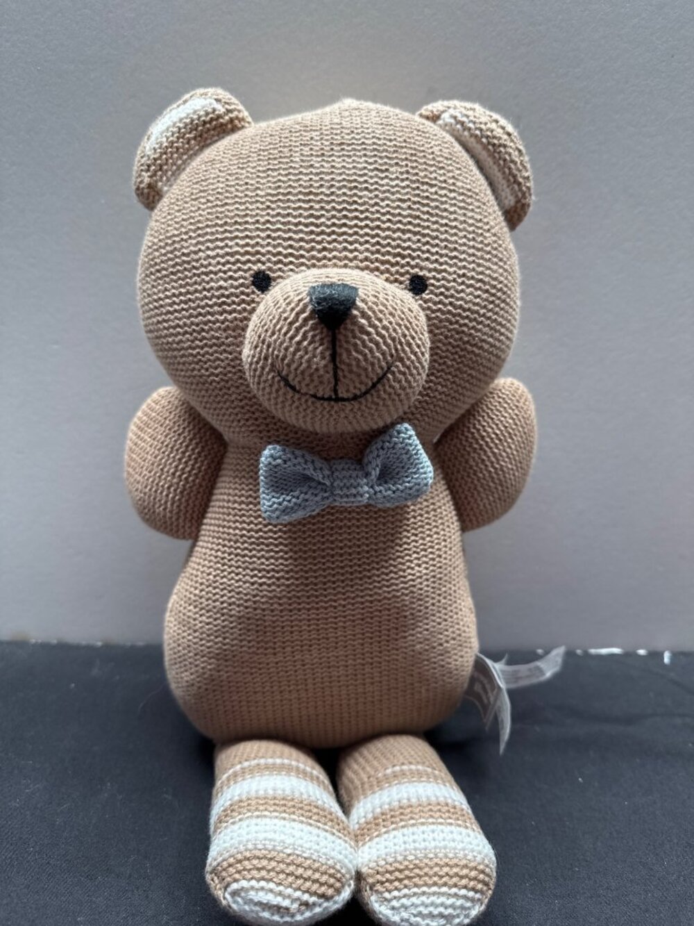 Brooklyn Bear Knitted Plush Toy With Bow Tie 15" Beige & White By Living Textile